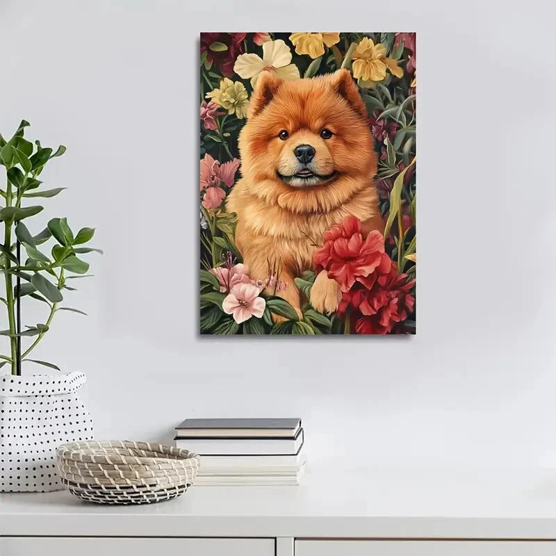 Cute Chow Chow Dog with Flowers & Plants 40x60cm Metal Print Ready to Hang - Bella Home Decor