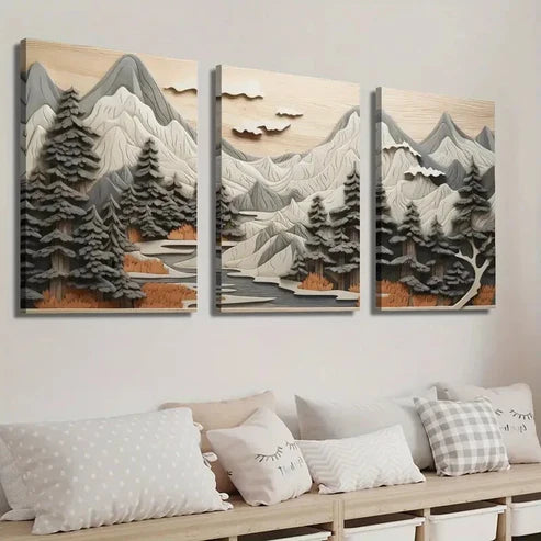 3pcs Forest Scene with Trees and Mountains Wall Art Set Canvas Unframed - High Quality Print 100% Australian Made Wall Canvas - Bella Home Decor
