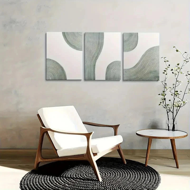3pcs Green Abstract Line Dining Room Office GW Wall Art Set Canvas Framed 60x90cm - High Quality Print 100% Australian Made Wall Canvas Ready to Hang