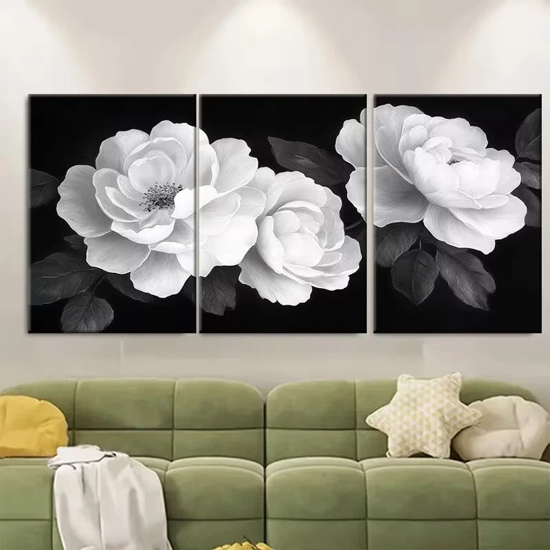 3pcs Black and White Floral Rose Metal Print Ready to Hang Art - Bella Home Decor