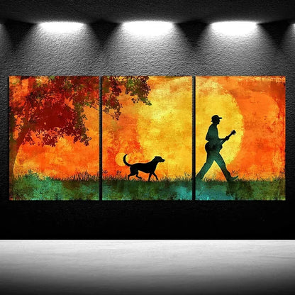 3pcs Man with Dog and Guitar Silhouette Metal Print Ready to Hang Art - Bella Home Decor