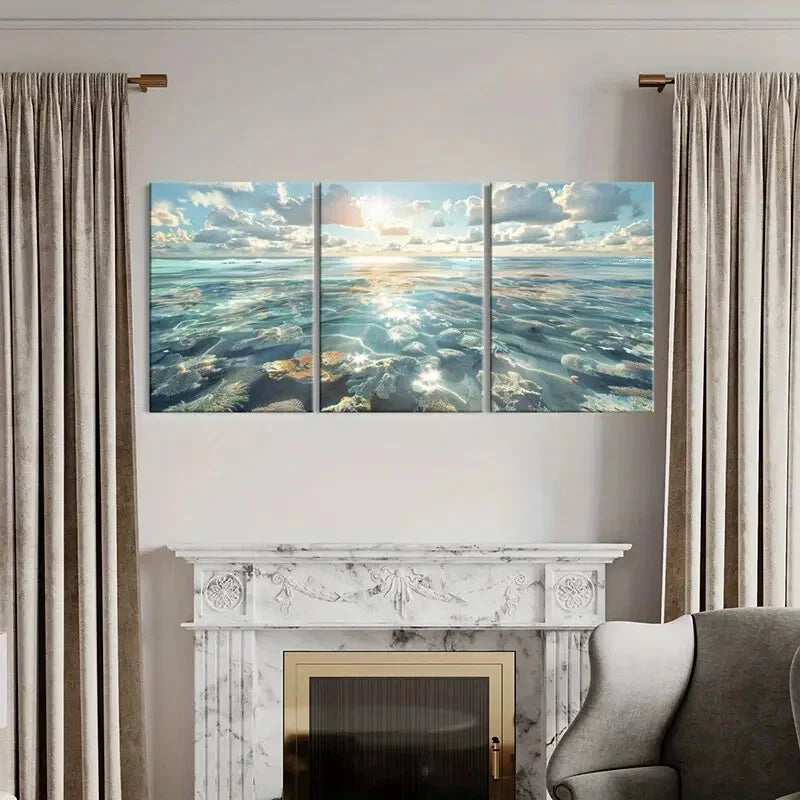 3pcs Natural Landscape Art Sea Sunrise Waves Metal Print Ready to Hang Art - Bella Home Decor