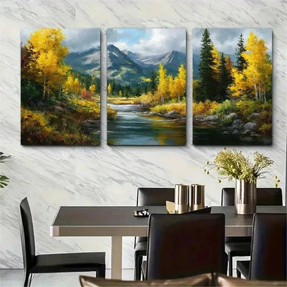 3pcs Autumn Valley Landscape Warm Perfect Wall Art Set Canvas Framed 50x70cm - High Quality Print 100% Australian Made Wall Canvas Ready to Hang - Bella Home Decor