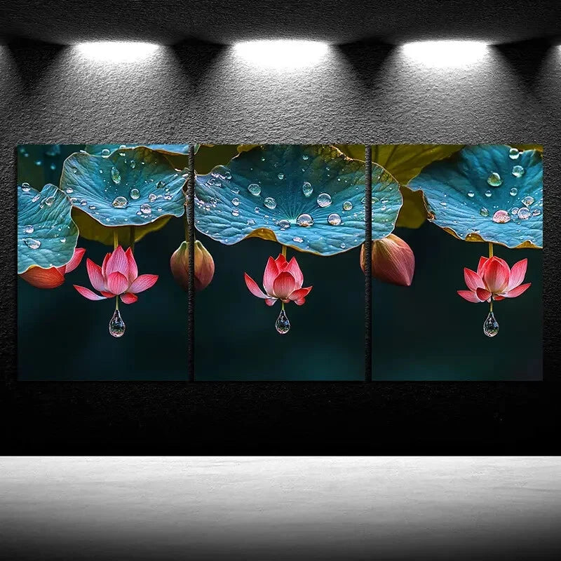 3pcs Leaves Adorned with Dewdrops Metal Print Ready to Hang Art - Bella Home Decor