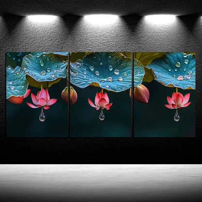 3pcs Leaves Adorned with Dewdrops Metal Print Ready to Hang Art - Bella Home Decor