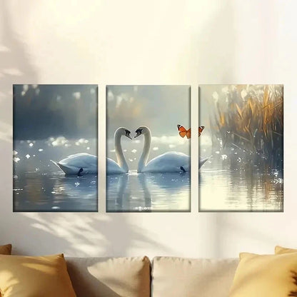 3pcs two swans in the water with a butterfly Wall Art Set Canvas Framed 60x90cm - High Quality Print 100% Australian Made Wall Canvas Ready to Hang