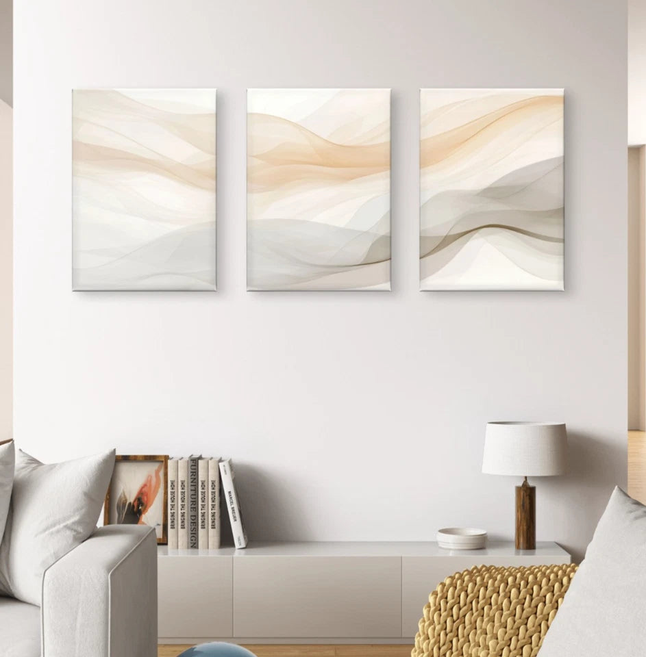 3pcs Neutral Beige Wavy Abstract Lines Wall Art Set Canvas Framed 60x90cm - High Quality Print 100% Australian Made Wall Canvas Ready to Hang