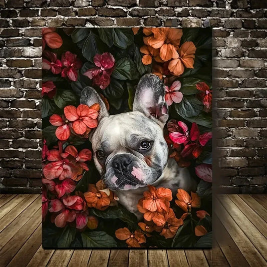 Flowers And Plants Cute Bulldog Dog Painting 40x60cm Metal Print Ready to Hang
