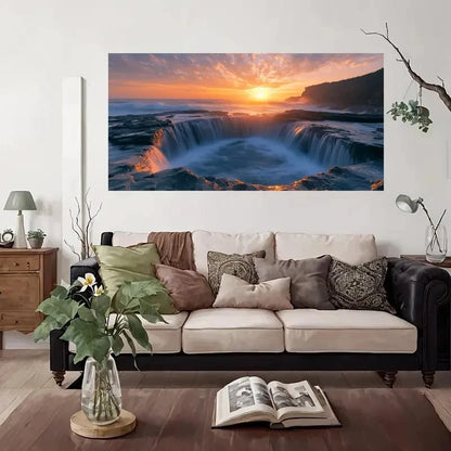 Ocean Sunset Waterfall Wall Art Canvas Office Home Room Framed 120x60cm