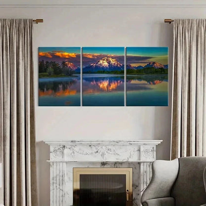 3pcs Mountains Lakes Sun Reflection on Water Wall Art Set Canvas Framed 50x70cm - High Quality Print 100% Australian Made Wall Canvas Ready to Hang - Bella Home Decor