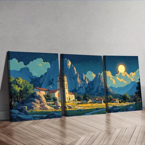 3 PCS Painting A Church Under The Mountains Wall Art Set Canvas Unframed - High Quality Print 100% Australian Made Wall Canvas
