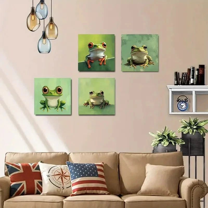 4pcs Whimsical Frog Paintings With Vibrant Color  Wall Art Canvas Framed