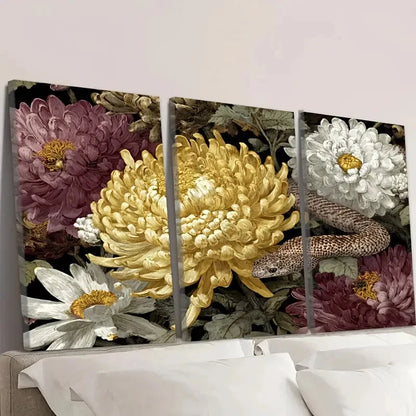3pcs Vibrant Python & Chrysanthemum Flowers Wall Art Set Canvas Framed 60x90cm - High Quality Print 100% Australian Made Wall Canvas Ready to Hang
