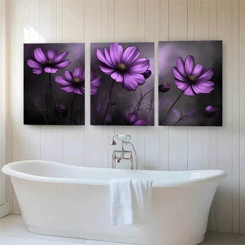 3pcs Purple Cosmos Flowers Soft Dark Perfect Wall Art Canvas Unframed - High Quality Print 100% Australian Made Wall Canvas