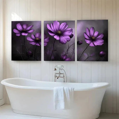 3pcs Purple Cosmos Flowers Soft Dark Perfect Wall Art Canvas Unframed - High Quality Print 100% Australian Made Wall Canvas