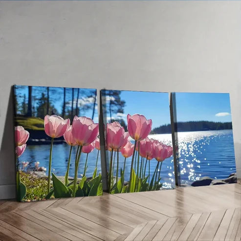 3pcs Chic Pink Tulip Pink Nature Blue Wall Art Set Canvas Unframed - High Quality Print 100% Australian Made Wall Canvas