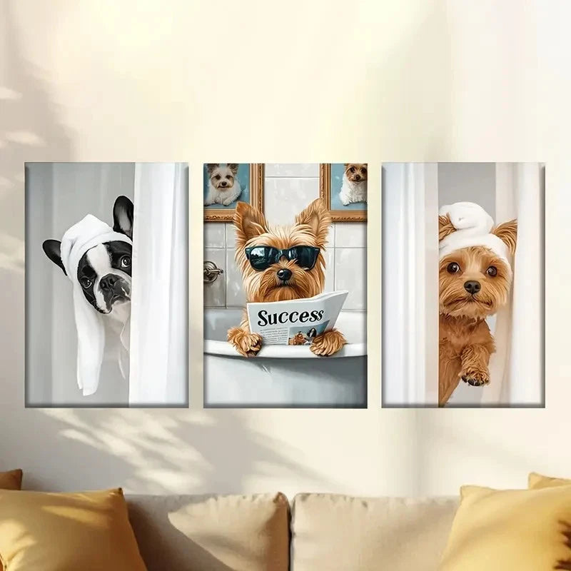 3pcs Cute bathroom french bulldog Wall Art Set Canvas Framed 60x90cm - High Quality Print 100% Australian Made Wall Canvas Ready to Hang - Bella Home Decor