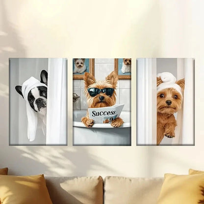 3pcs Cute bathroom french bulldog Wall Art Set Canvas Framed 60x90cm - High Quality Print 100% Australian Made Wall Canvas Ready to Hang - Bella Home Decor