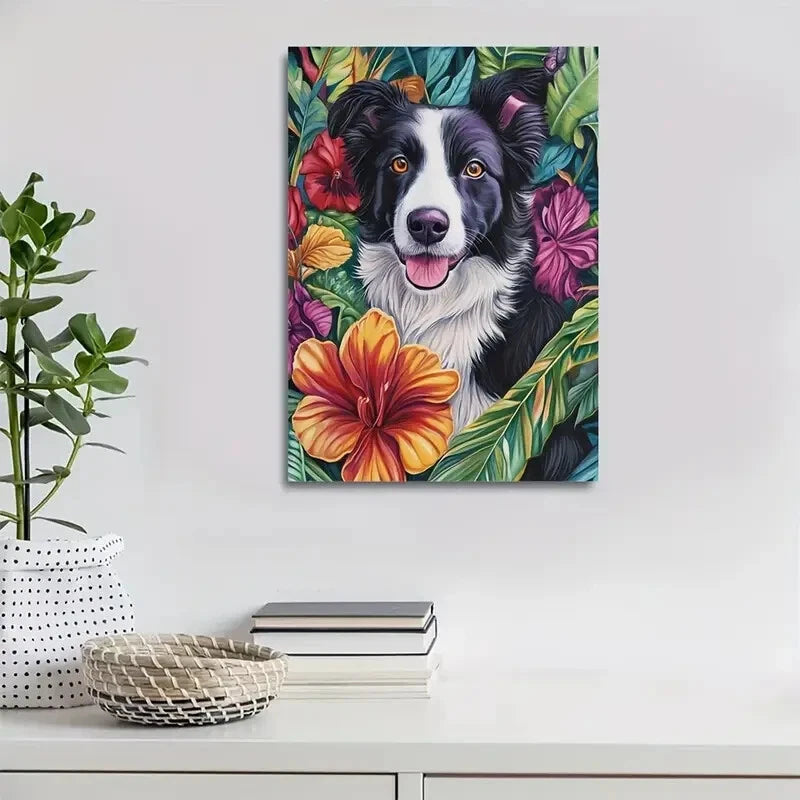 Beautiful Vibrant Border Collie Floral Painting 40x60cm Metal Print Ready to Hang - Bella Home Decor