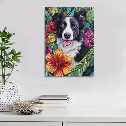 Beautiful Vibrant Border Collie Floral Painting 40x60cm Metal Print Ready to Hang - Bella Home Decor
