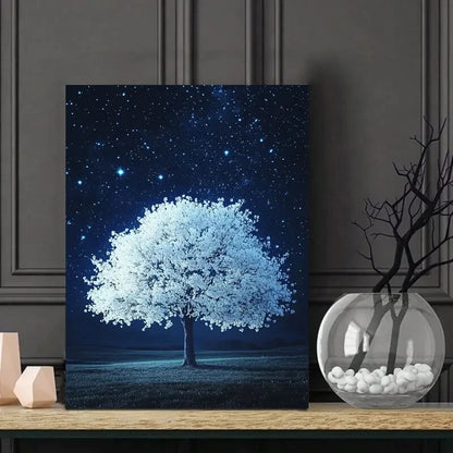 Starry Night Sky White Tree Night Blue 40x60cm Metal Print Ready to Hang