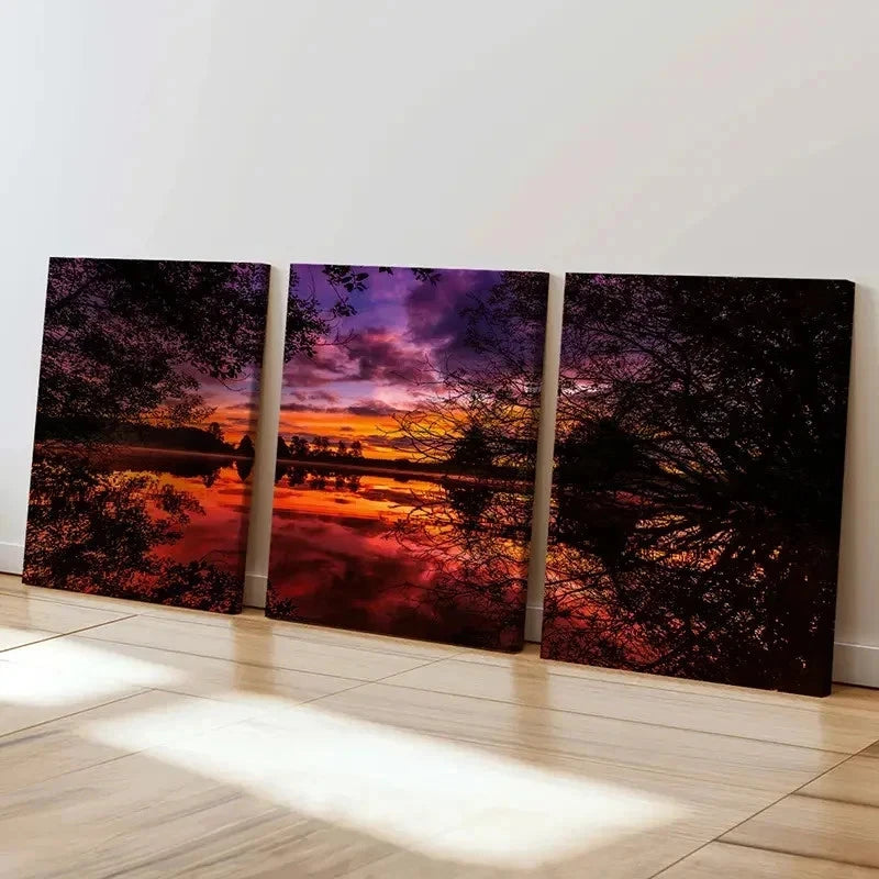 3pcs Lake Sunset Natural Landscape Wall Art Set Canvas Framed 60x90cm - High Quality Print 100% Australian Made Wall Canvas Ready to Hang