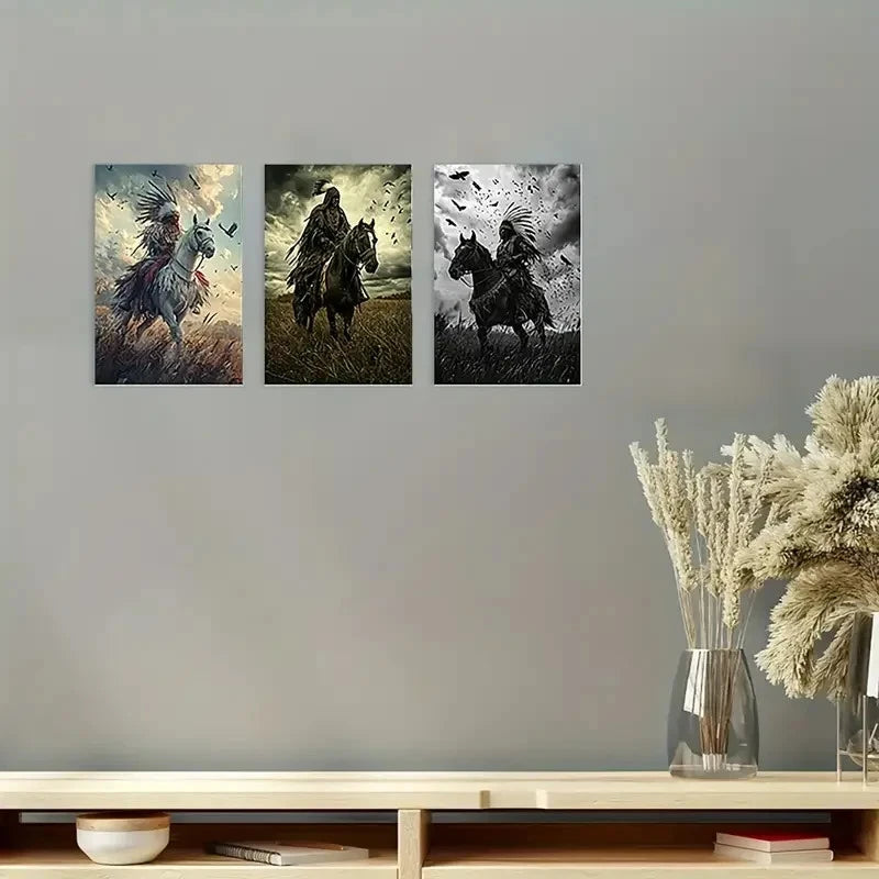 3pcs Tribal Leaders on Horseback  Wall Art Set Canvas Framed 50x70cm - High Quality Print 100% Australian Made Wall Canvas Ready to Hang