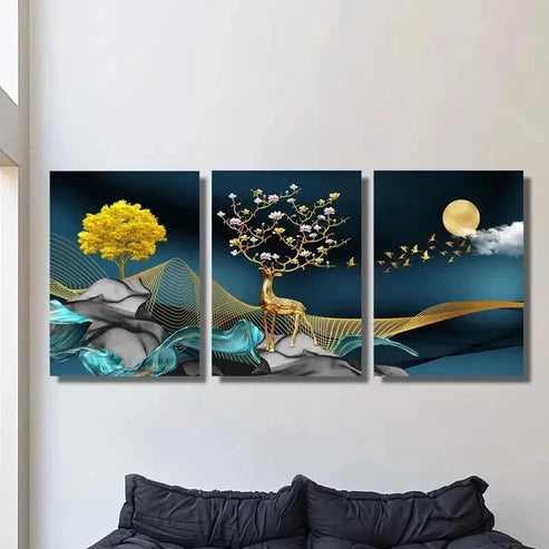 3pcs Elk & Flying Birds Full Moon Money Tree Wall Art Canvas Unframed – High Quality Print 100% Australian Made Wall Canvas