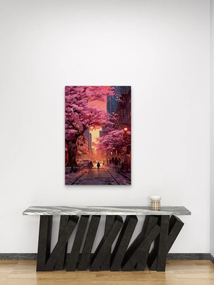Urban Landscape with Vibrant Pink Trees Metal Print Ready to Hang