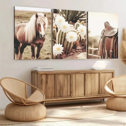 3pcs Rustic Cowboy Farmhouse Horse and Cactus  Wall Art Set Canvas Unframed - High Quality Print 100% Australian Made Wall Canvas