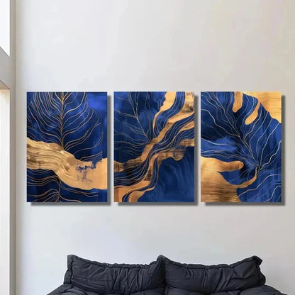 3pcs Blue and Golden Leaf and Turtle Design Wall Art Canvas Unframed - High Quality Print 100% Australian Made Wall Canvas - Bella Home Decor