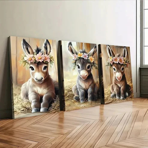 3pcs Cute Baby Big Eyes Donkey Florals & Leaves Wall Art Set Canvas Unframed - High Quality Print 100% Australian Made Wall Canvas - Bella Home Decor