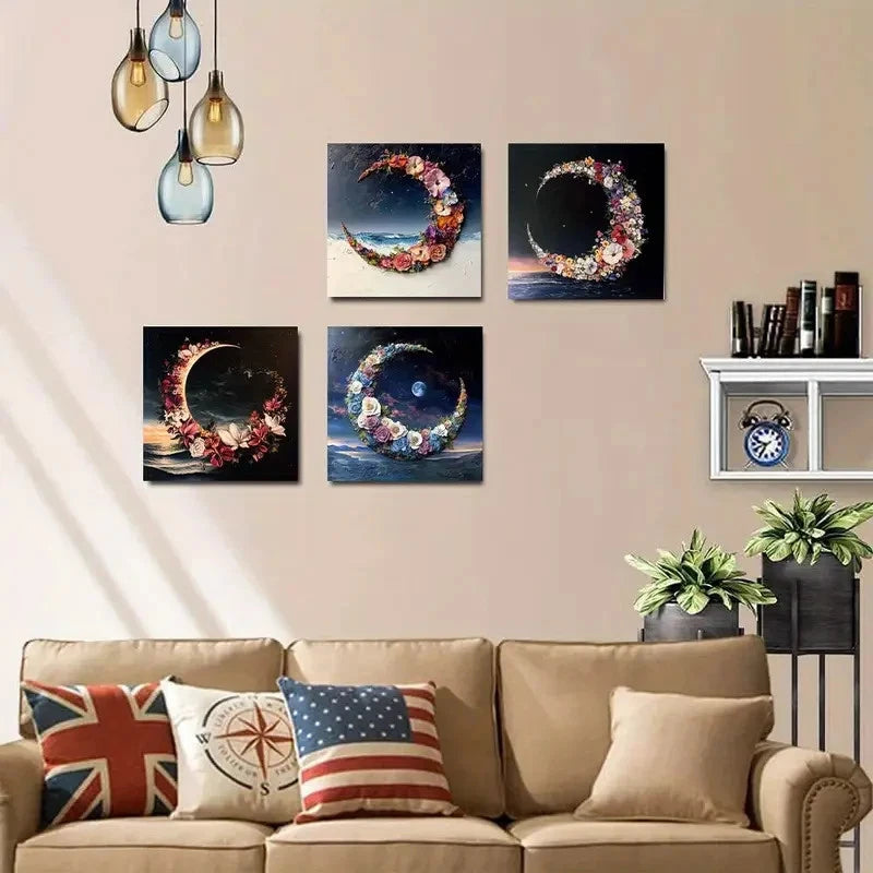 4pcs Beach Moon Flowers Modern Elegant Wall Art Canvas Framed