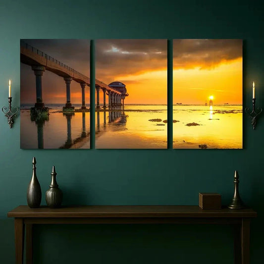 3pcs Vintage-Style Seaside Pier Sunset Metal Print Ready to Hang Art