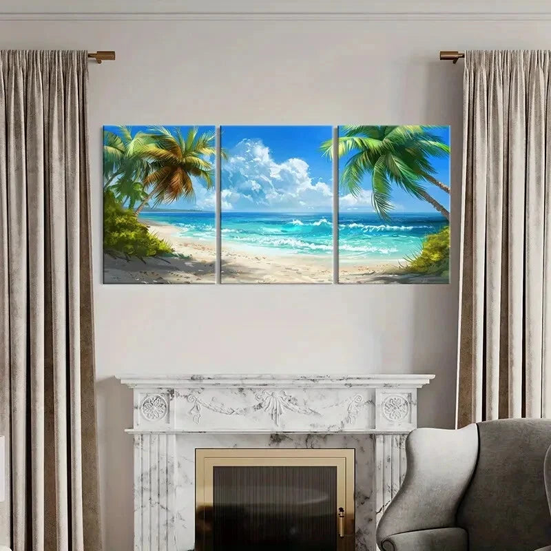 3pcs Natural Landscape Seaside Beach Coconut Metal Print Ready to Hang Art - Bella Home Decor