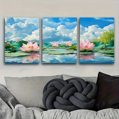 3pcs Lotus Pond Summer Scenery Wall Art Set Canvas Framed 40x60cm - High Quality Print 100% Australian Made Wall Canvas Ready to Hang