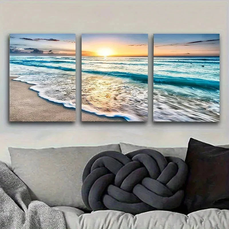 3pcs Ocean Waves at Sunrise Vintage Wall Art Set Canvas Framed 50x70cm - High Quality Print 100% Australian Made Wall Canvas Ready to Hang