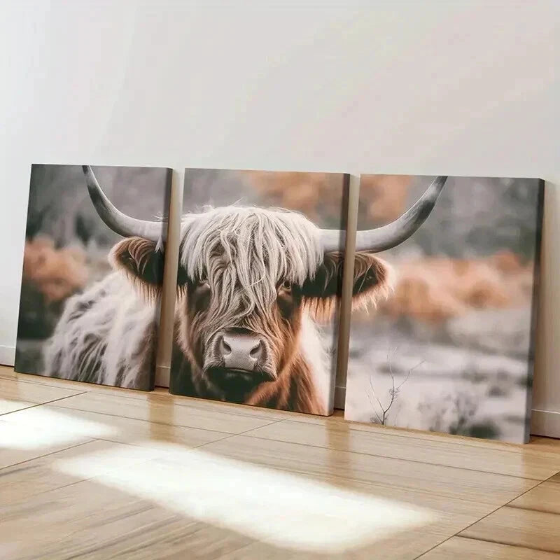 3pcs Animal Aesthetic Highland Cattle Wall Art Set Canvas Framed 60x90cm - High Quality Print 100% Australian Made Wall Canvas Ready to Hang - Bella Home Decor