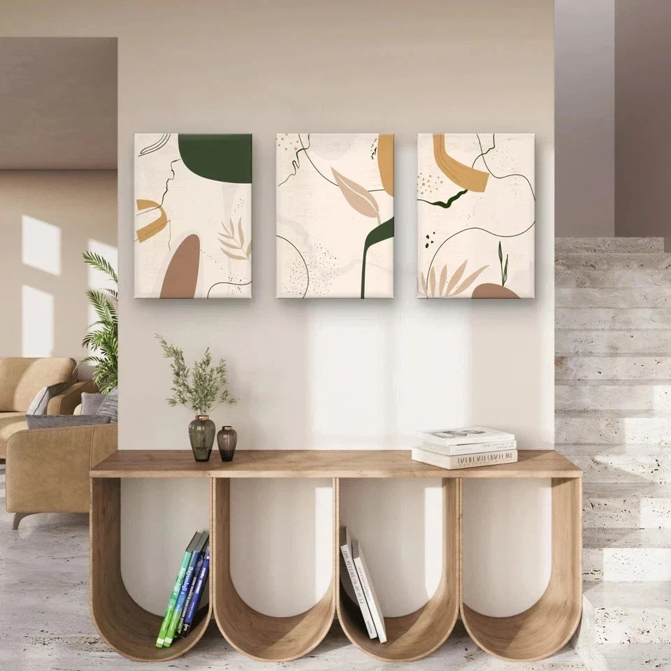 3pcs Neutral Abstract Botanical Shapes Wall Art Set Canvas Framed 40x60cm - High Quality Print 100% Australian Made Wall Canvas Ready to Hang