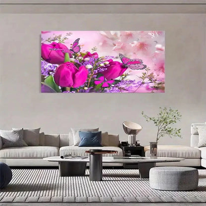Floral Landscape Pink Roses Butterflies Wall Art Canvas Office Home Room Framed 120x60cm - Bella Home Decor