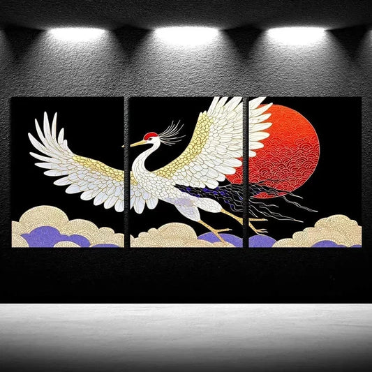 3pcs Vibrant Crane among the Flowers Design Wall Art Set Canvas Framed 50x70cm - High Quality Print 100% Australian Made Wall Canvas Ready to Hang