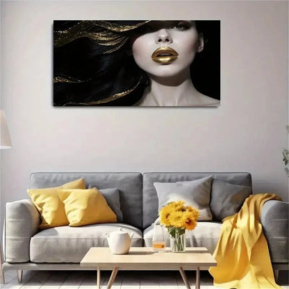 Long Black Hair & Golden Metal Wall Art Canvas Office Home Room Framed 120x60cm