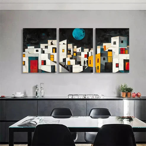 3pcs Abstract Geometric Cityscape Color Art Set Canvas Unframed - High Quality Print 100% Australian Made Wall Canvas - Bella Home Decor