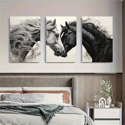 3pcs Black And White Horse Elegant Décor Perfect Wall Art Set Canvas Framed 40x60cm - High Quality Print 100% Australian Made Wall Canvas Ready to Hang - Bella Home Decor