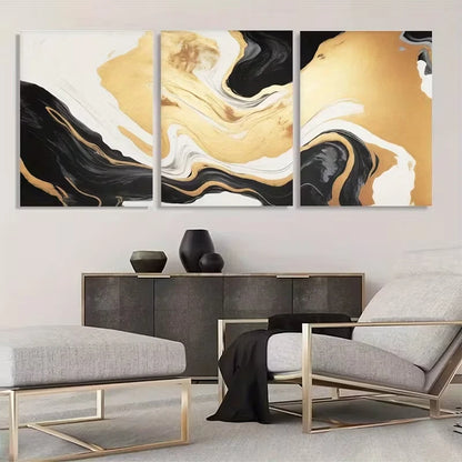 3pcs Luxury Black and White Golden Abstract    Wall Art Set Canvas Framed 50x70cm - High Quality Print 100% Australian Made Wall Canvas Ready to Hang