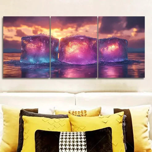 3 PCS Ice Cubes Design Coastal Landscape Wall Art Set Canvas Unframed - High Quality Print 100% Australian Made Wall Canvas - Bella Home Decor