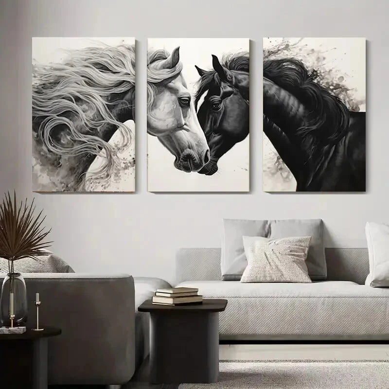 3pcs Black And White Horse Elegant Décor Perfect Wall Art Set Canvas Framed 60x90cm - High Quality Print 100% Australian Made Wall Canvas Ready to Hang - Bella Home Decor
