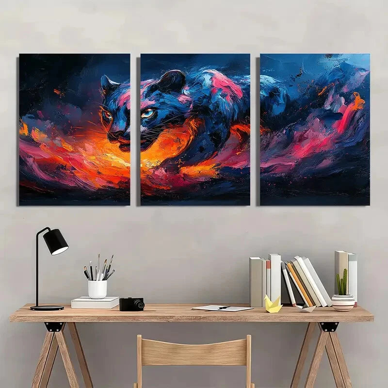 3pcs Modern Abstract Cat Vibrant Blue & Orange Metal Print Ready to Hang Art - Bella Home Decor
