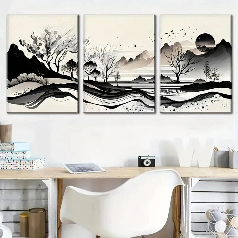 3pcs Nature Mountain Scenery with Black & White Metal Print Ready to Hang Art - Bella Home Decor