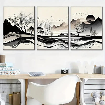 3pcs Nature Mountain Scenery with Black & White Metal Print Ready to Hang Art - Bella Home Decor
